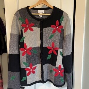 Vintage Breckenridge Christmas Sweater Embroidered Poinsettia Holly Cardigan 2XL